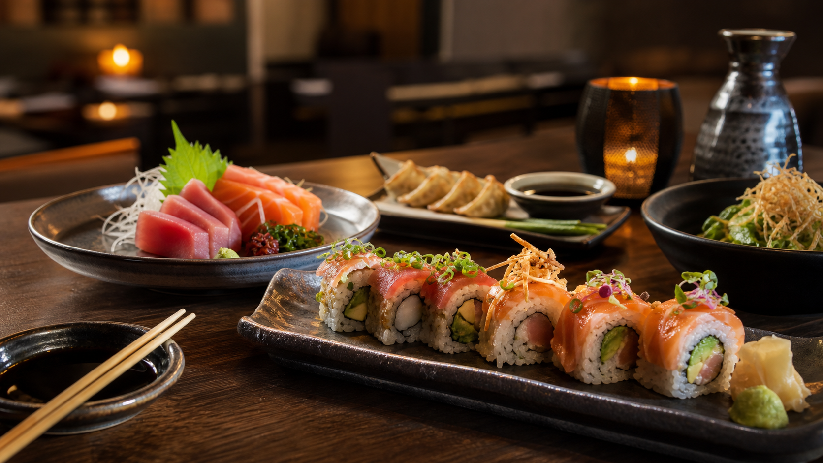 A warm Sakana-style sushi dinner table with rolls, sashimi, gyoza, and chopsticks